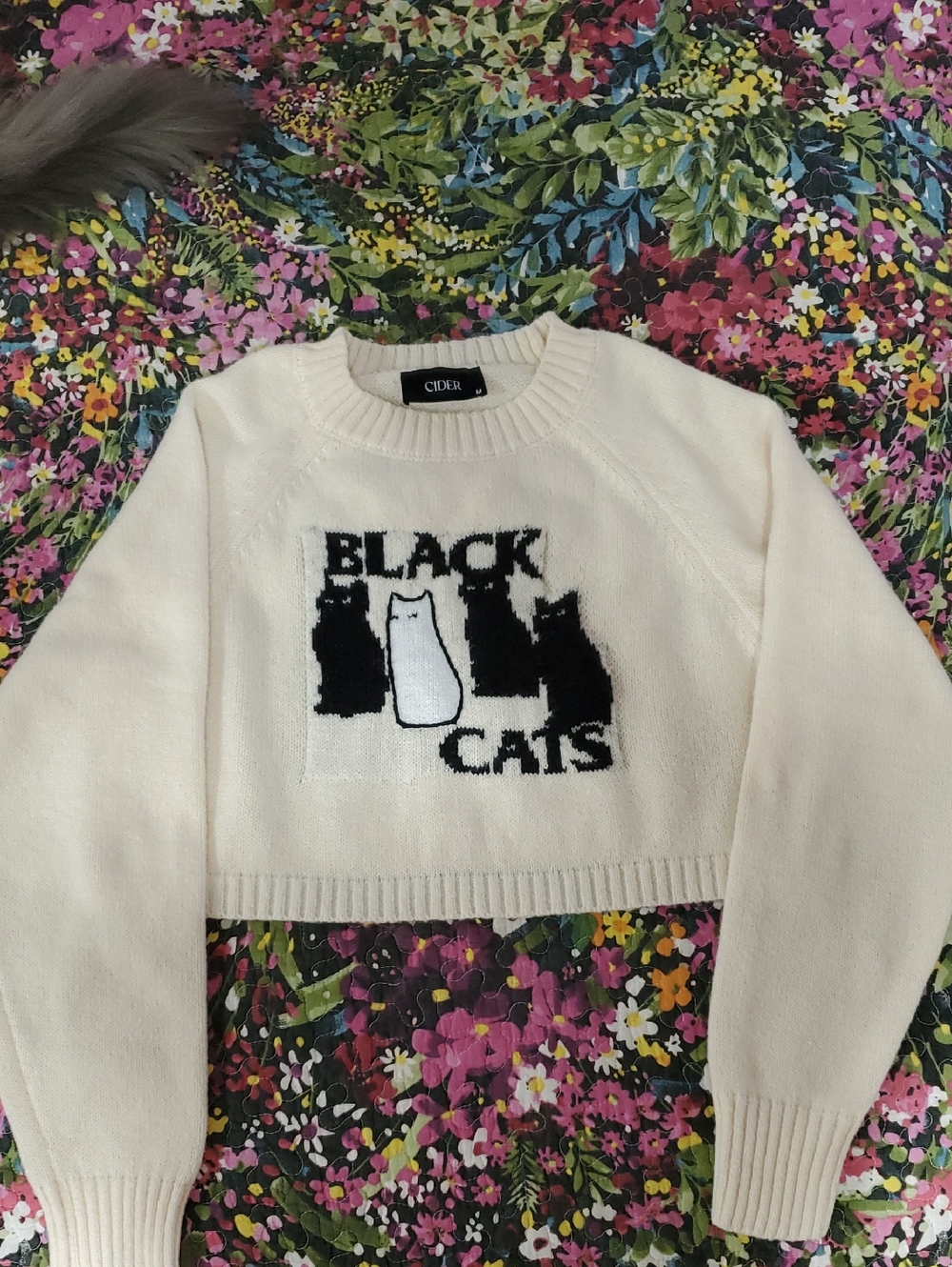 cider cream 'black cats' cropped crewneck sweater size M